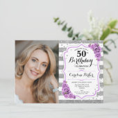 Invitation Floral violet argent blanc Photo 50e anniversaire (Debout devant)