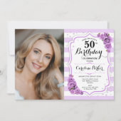 Invitation Floral violet blanc photo 50e anniversaire (Devant)