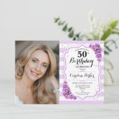 Invitation Floral violet blanc photo 50e anniversaire (Debout devant)