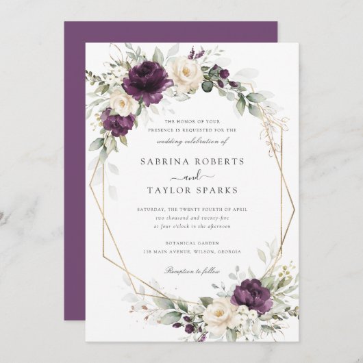 Invitation Floral violet blanc Plum vert Mariage or (Devant / Derrière)