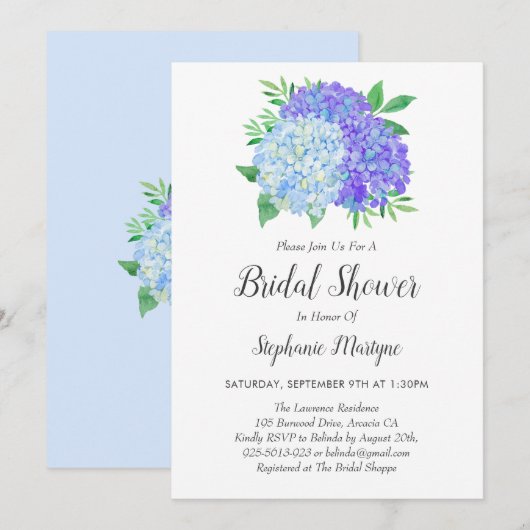 Invitation Floral violet bleu Hydrangea Bouquet Fête des mari (Devant / Derrière)