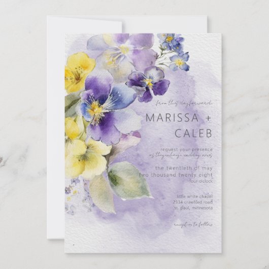 Invitation Floral violet et jaune Mariage moderne (Devant)