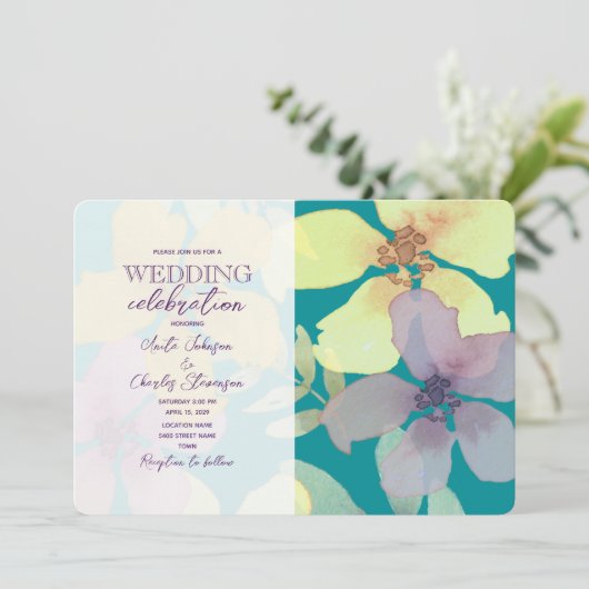 Invitation Floral violet et Mariage turquoise (Debout devant)