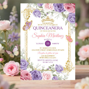 Invitation Floral Violet Et Rose Couronne fille Quinceañera