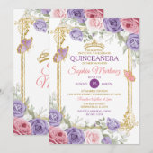 Invitation Floral Violet Et Rose Couronne fille Quinceañera (Devant / Derrière)