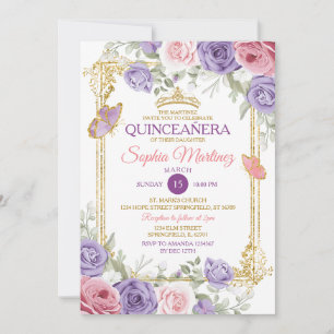 Invitation Floral Violet Et Rose Couronne fille Quinceañera