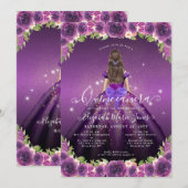 Invitation Floral Violet foncé Or Glam Princesse Quinceanera (Devant / Derrière)