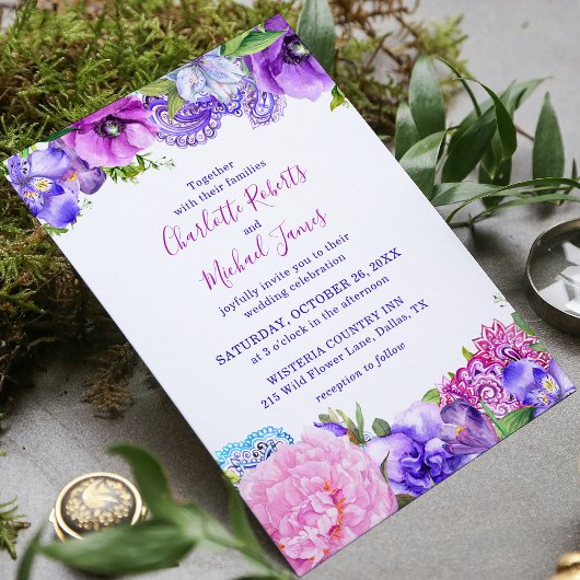 Invitation Floral violet Mariage d'aquarelle Paisley