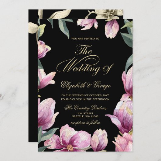 Invitation Floral violet mariage noir et or (Devant / Derrière)