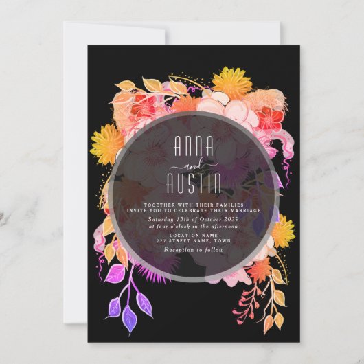 Invitation Floral violet orange et noir Mariage (Devant)