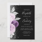 Invitation Floral violet Parties scintillant argent noir QR C (Devant)