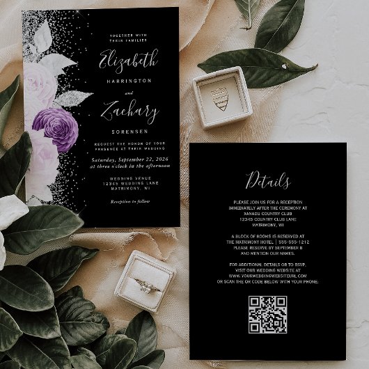 Invitation Floral violet Parties scintillant argent noir QR C