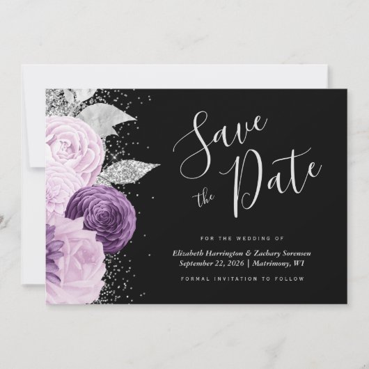 Invitation Floral violet Parties scintillant d'argent noir En (Devant)