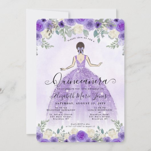 Invitation Floral Violet princesse Anniversaire Quinceanera (Devant)