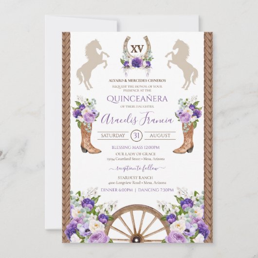Invitation Floral violet Rustique Ouest Charro Quinceanera (Devant)
