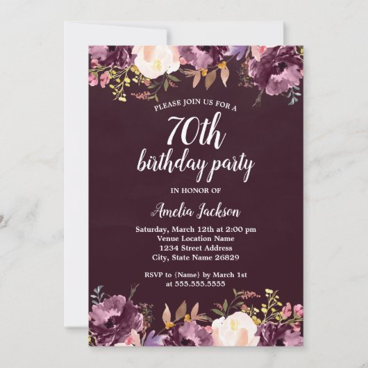 Invitation Floral Watercolor Bloom Purple 70e fête d'annivers (Devant)