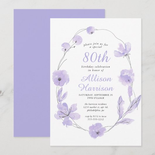 Invitation Floral Watercolor Lavender 80e fête d'anniversaire (Devant / Derrière)