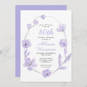 Invitation Floral Watercolor Lavender 80e fête d'anniversaire