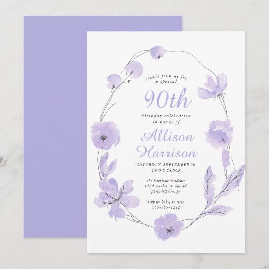Invitation Floral Watercolor Lavender 90e fête d'anniversaire (Devant / Derrière)