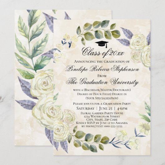 Invitation Floral Watercolor Wreath College Graduation (Devant / Derrière)