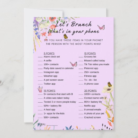 Invitation Floral What's In Your Phone Brunch Party Jeu (Devant)