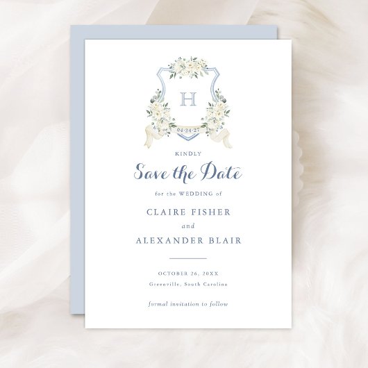 Invitation Floral White Dusty Blue Crest Save the Date