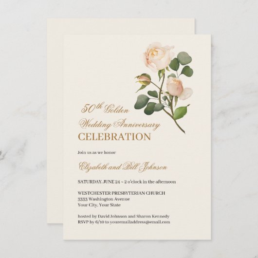 Invitation Floral White Rose Gold 50e anniversaire Mariage (Devant / Derrière)