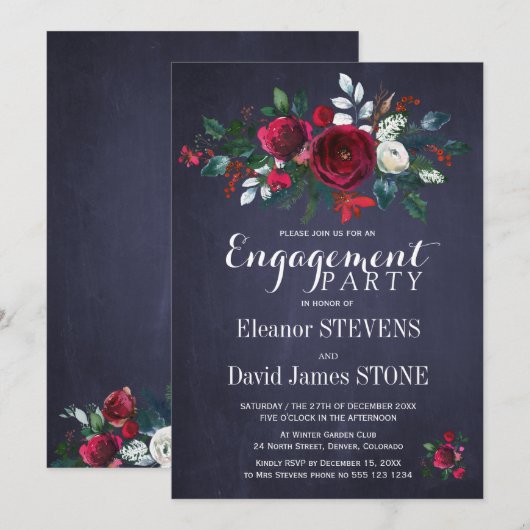 Invitation Floral Winter Navy Red Christmas Engagement Party (Devant / Derrière)