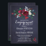 Invitation Floral Winter Navy Red Christmas Engagement Party<br><div class="desc">Bouquet rose floral rouge bordeaux et blanc de pivoine avec branches de sapin vert de saison hivernal, baies rouges et feuillage invitation à la fête de fiançailles avec un élégant texte contemporain changeable sur un arrière - plan bleu marine de minuit noir. Idéal pour une fête de classe florale hivernale....</div>