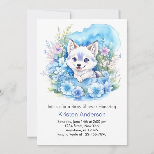 Invitation Floral Wolf Enchanted Woodland Boy Baby shower (Devant)