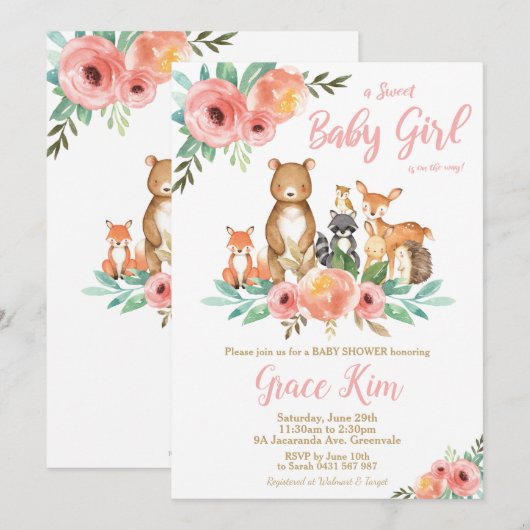 Invitation Floral Woodland Animaux Baby shower Forest Girls (Devant / Derrière)