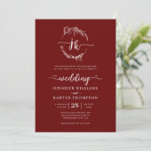 Invitation Floral Wreath Bourgogne Monogramme Photo Mariage (Debout devant)