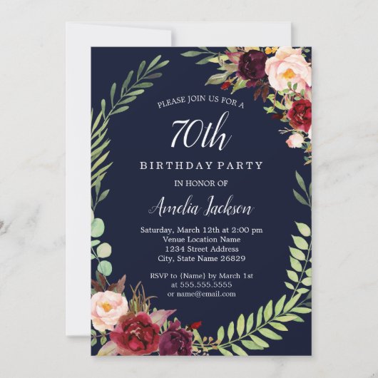 Invitation Floral Wreath Burgundy Navy 70e anniversaire (Devant)