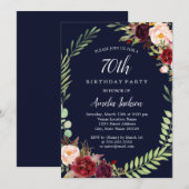 Invitation Floral Wreath Burgundy Navy 70e anniversaire (Devant / Derrière)