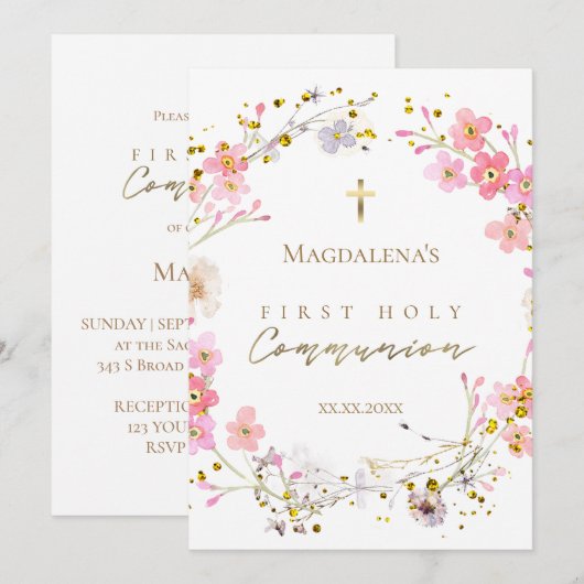 Invitation floral wreath First Holy Communion  (Devant / Derrière)