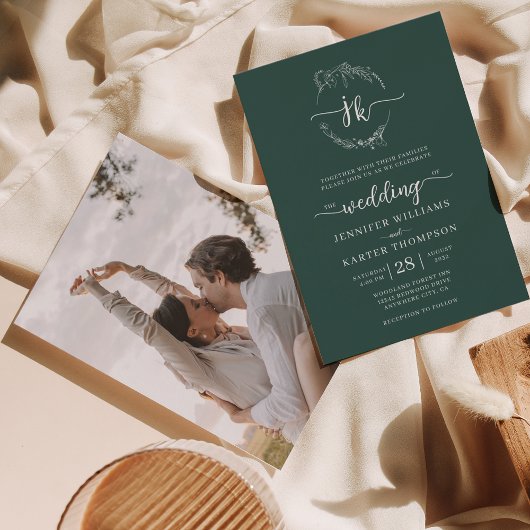Invitation Floral Wreath Forest Green Monogramme Photo Mariag