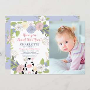 Invitation Floral Wreath Girl Vache 1er anniversaire Photo