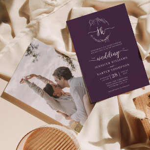 Invitation Floral Wreath Violet Monogramme Photo Mariage