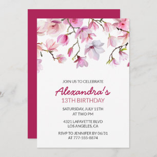 Invitation Florale 13e anniversaire Aquarelle rose