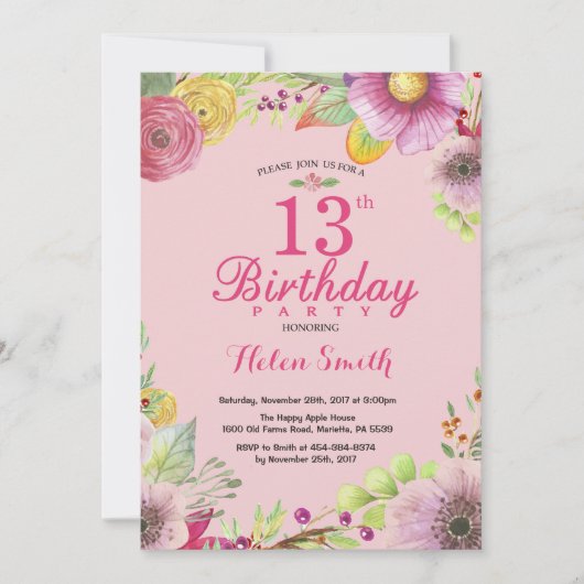 Invitation Florale 13e anniversaire pour les femme (Devant)