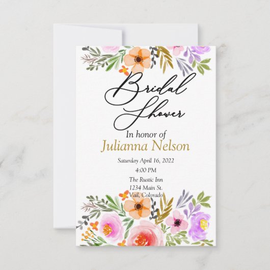 Invitation florale aquarelle orange et violet (Devant)