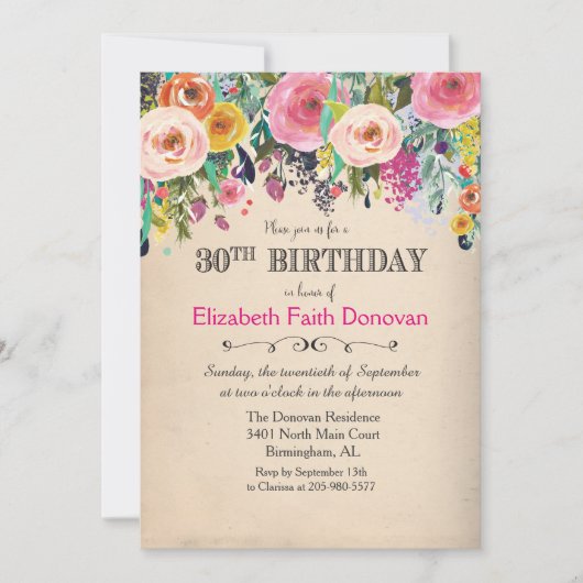Invitation florale aquarelle pour 30 ans (Devant)