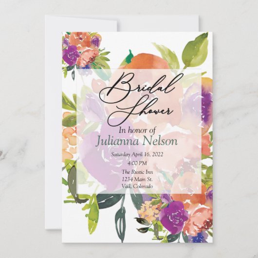 Invitation florale aquarelle violette et orange (Devant)
