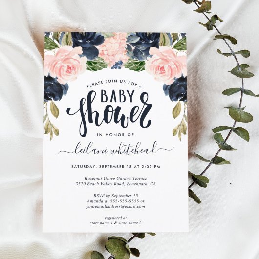 Invitation florale baby shower Rose Navy