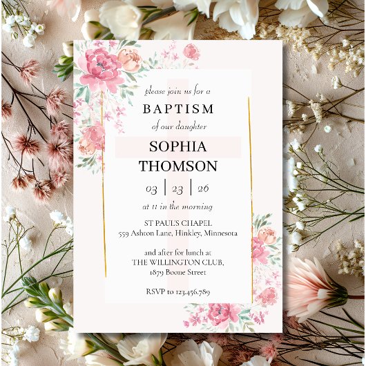 Invitation florale baptême pivoines