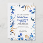 Invitation florale bébé bleu et argent modifiable, (Devant)