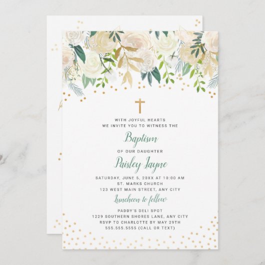 Invitation florale blanche de baptême de confettis (Devant / Derrière)