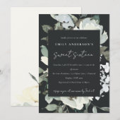 INVITATION FLORALE BLANCHE EN IVOIRE NOIR DOUCE 16 ANNIVERSAI (Devant / Derrière)