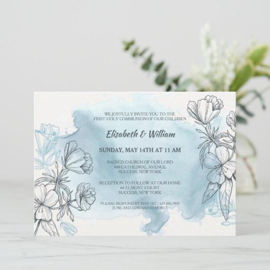 Invitation Florale Bleu Poudré (Debout devant)