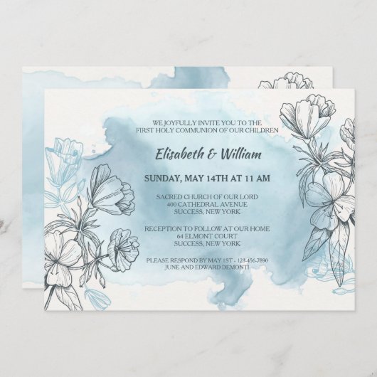 Invitation Florale Bleu Poudré (Devant / Derrière)